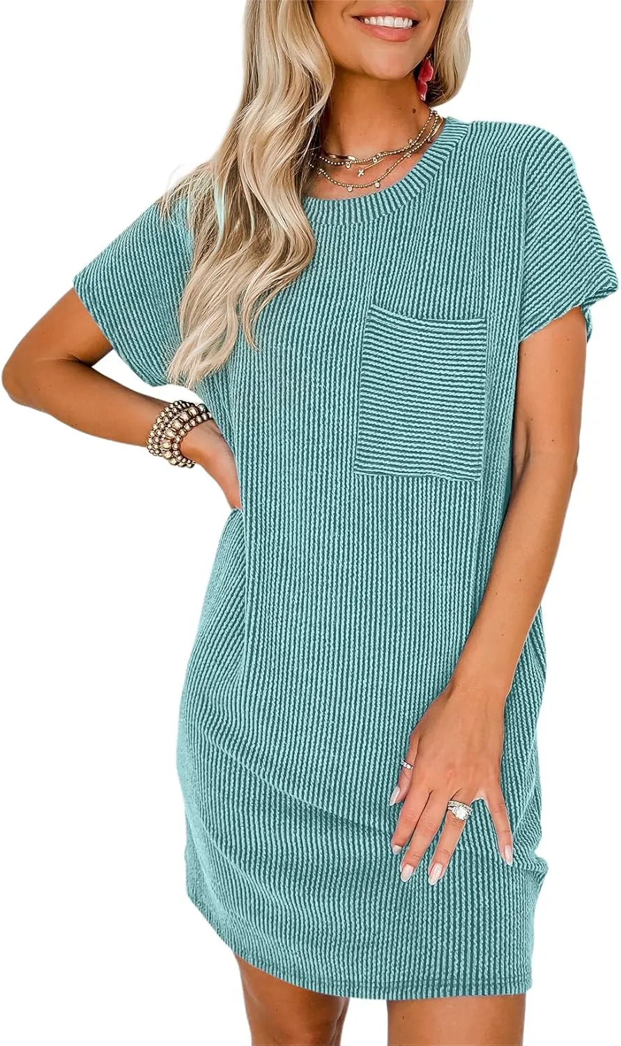 Acelitt Womens Casual Summer Crewneck Short Sleeve Ribbed Mini Tshirt Dress, XS-3XL
