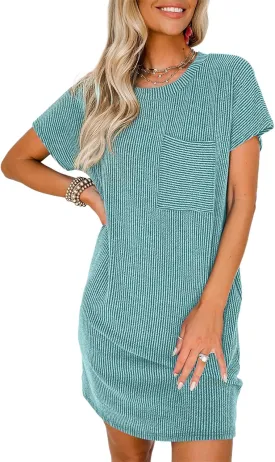 Acelitt Womens Casual Summer Crewneck Short Sleeve Ribbed Mini Tshirt Dress, XS-3XL