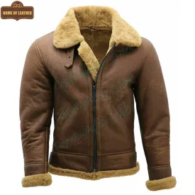 B002 RAF B3 Brown Shearling Fur Coat WWII Army Bomber Winter Ruff Buff Real Leather Jacket For Men