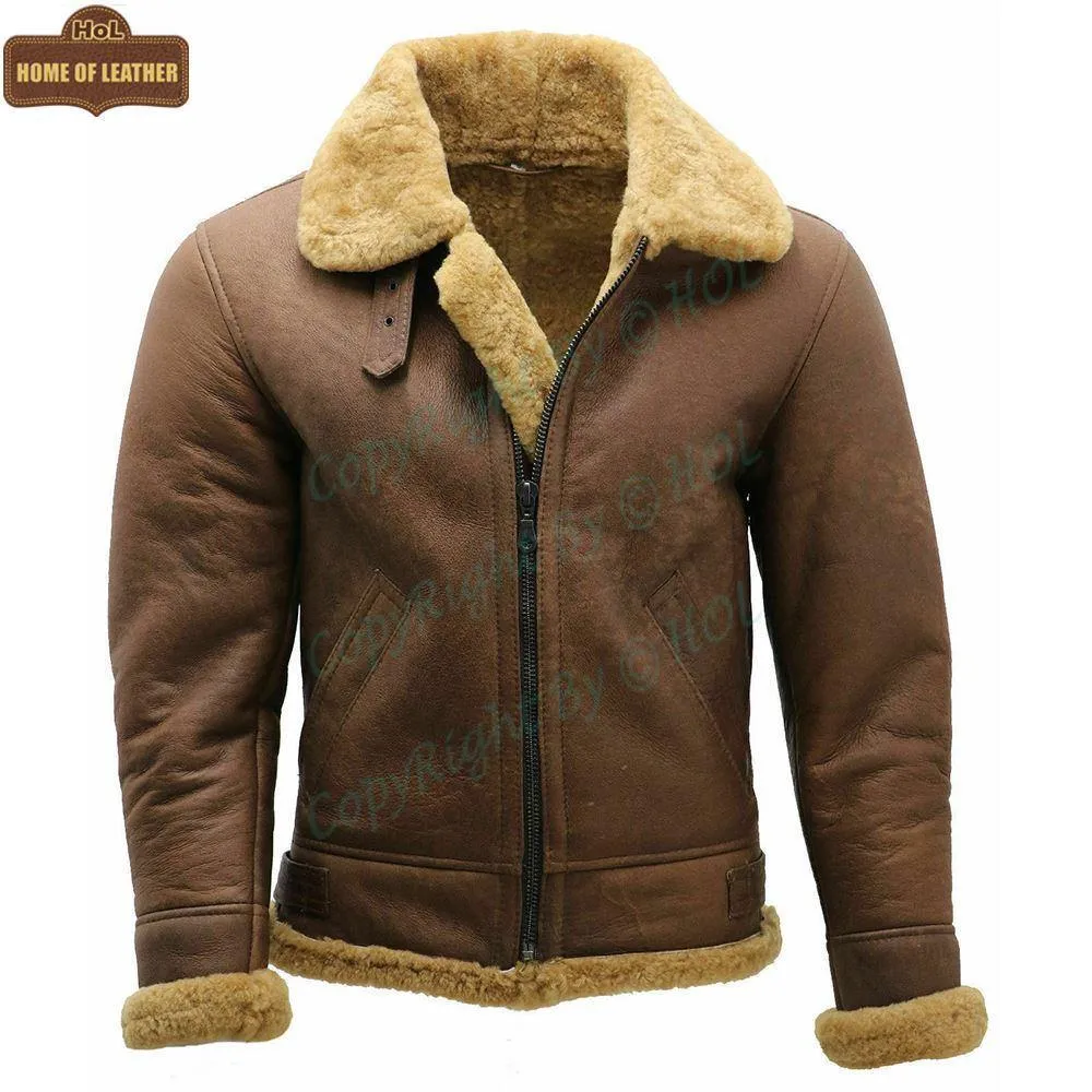 B002 RAF B3 Brown Shearling Fur Coat WWII Army Bomber Winter Ruff Buff Real Leather Jacket For Men