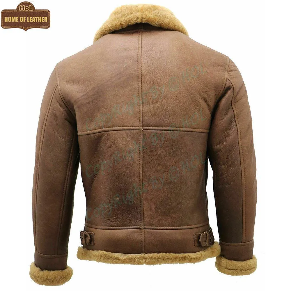 B002 RAF B3 Brown Shearling Fur Coat WWII Army Bomber Winter Ruff Buff Real Leather Jacket For Men