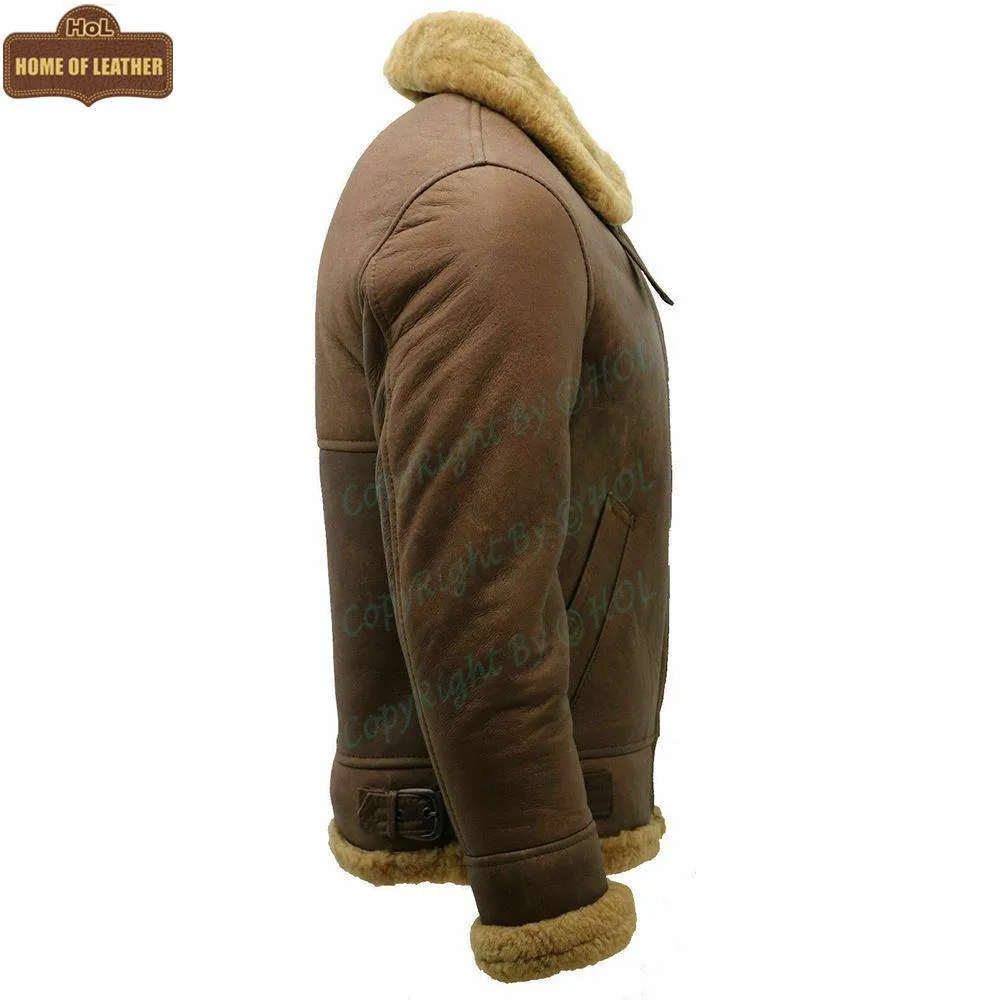 B002 RAF B3 Brown Shearling Fur Coat WWII Army Bomber Winter Ruff Buff Real Leather Jacket For Men