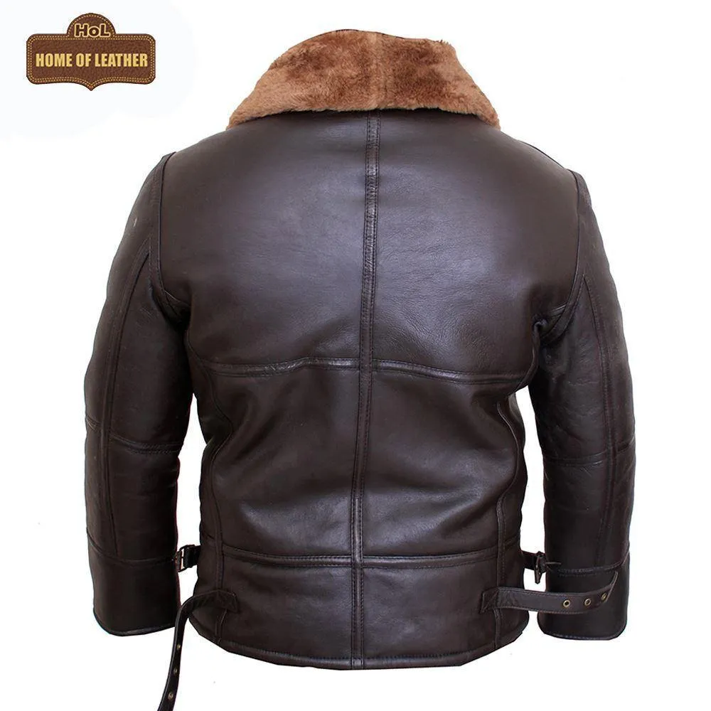 B024 Fur Shearling Men Warm Bomber Brown Genuine Leather Jacket Winter Coat