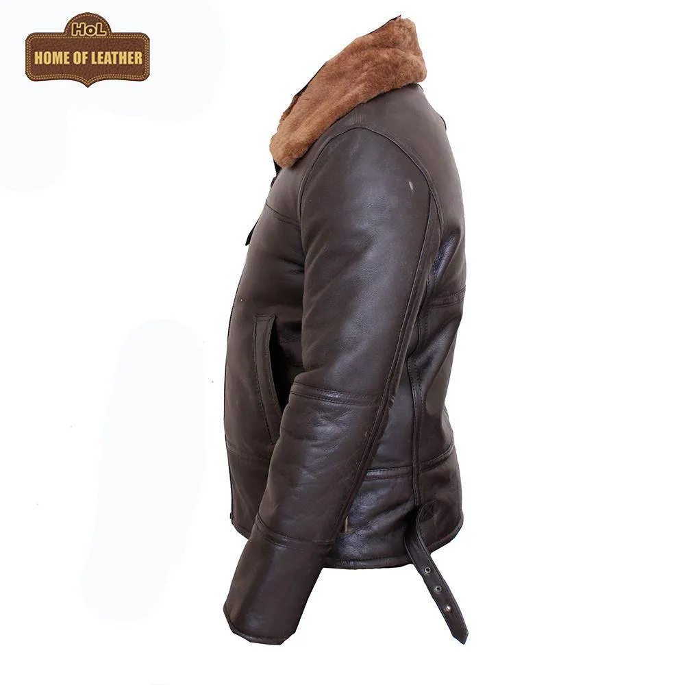 B024 Fur Shearling Men Warm Bomber Brown Genuine Leather Jacket Winter Coat