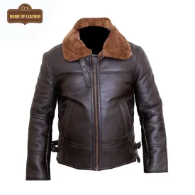 B024 Fur Shearling Men Warm Bomber Brown Genuine Leather Jacket Winter Coat