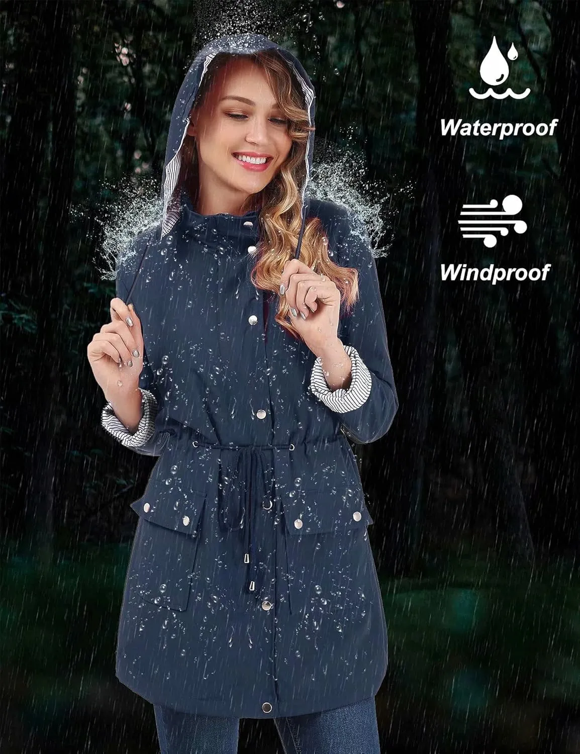 BBX Lephsnt Rain Coats for Women Waterproof Rain Jacket Lightweight Windbreaker Outdoor Hooded Trench Coat