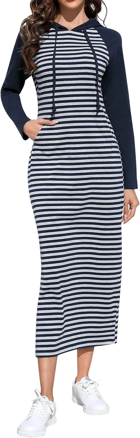 BeautyNee Women's Casual Long Sleeve Side Slit Pullover Maxi Hoodie Dress Slim Sweatshirt Long Dresses with Pockets