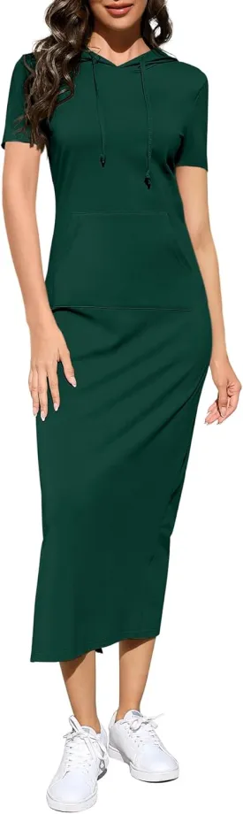 BeautyNee Women's Casual Short Sleeve Slim Pullover Maxi Hoodie Dress Sweatshirt Long Dresses with Pockets