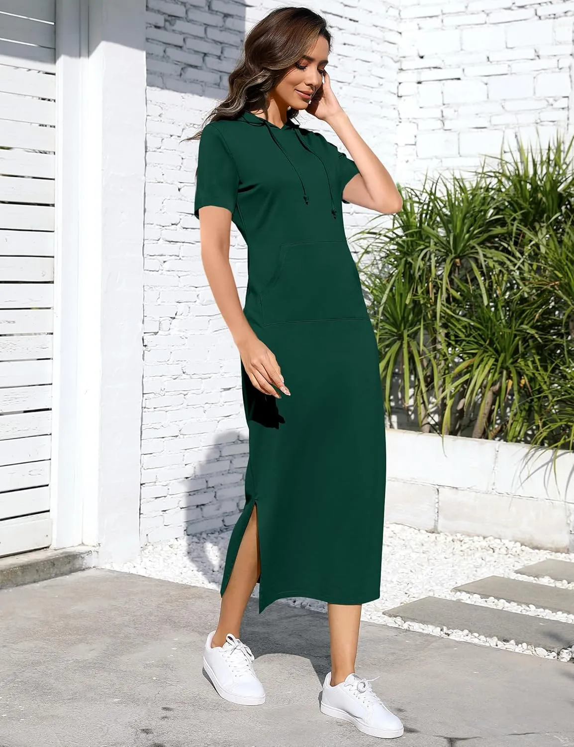 BeautyNee Women's Casual Short Sleeve Slim Pullover Maxi Hoodie Dress Sweatshirt Long Dresses with Pockets