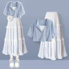 Blue Crop Top T-shirt Flouncing Skirt