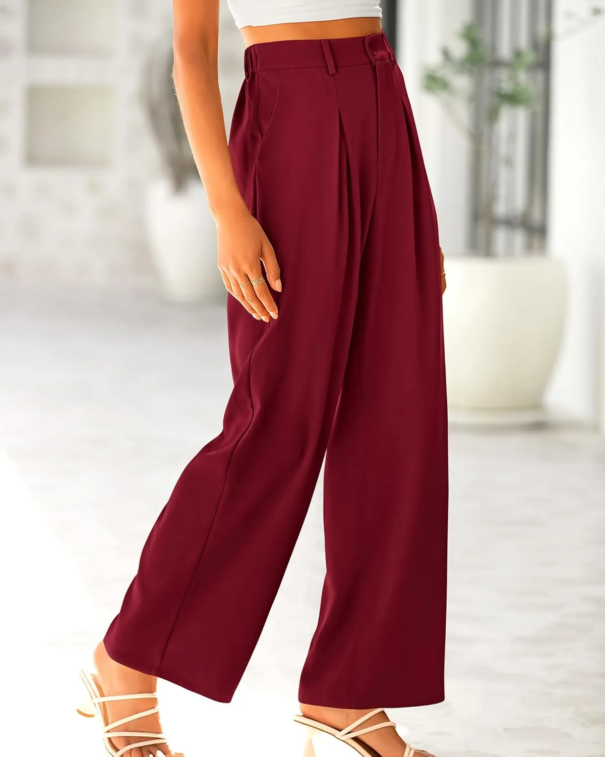 BTFBM Women High Waist Palazzo Pants Casual Wide Leg Trousers Button Down Loose Work Office Business Suit Pant Pockets