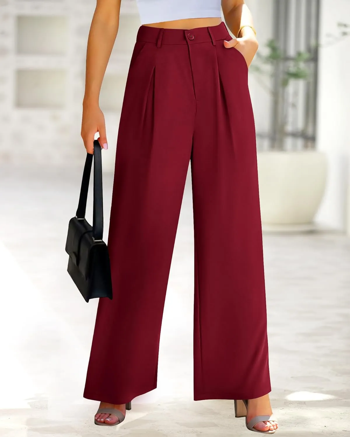 BTFBM Women High Waist Palazzo Pants Casual Wide Leg Trousers Button Down Loose Work Office Business Suit Pant Pockets