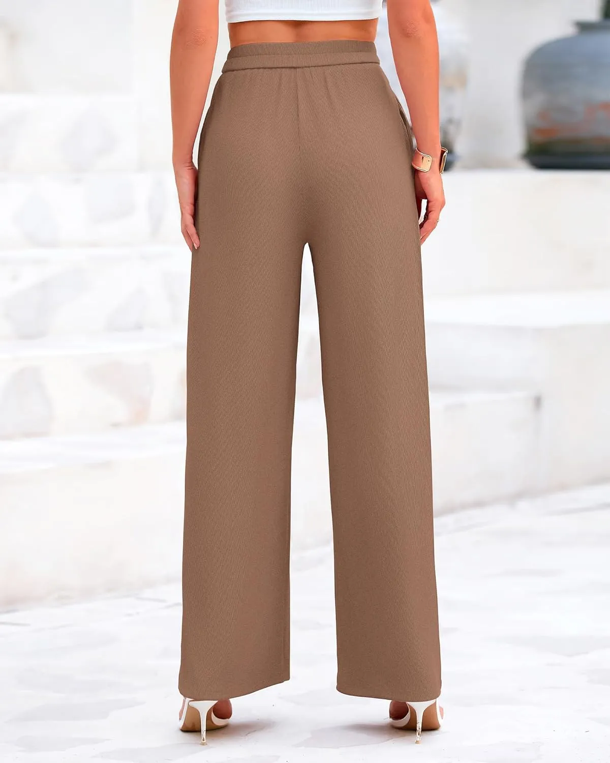 BTFBM Womens Casual Wide Leg Pants Summer Fall Clothes Pleated Elastic Waist Loose Palazzo Knit Trousers with Pockets