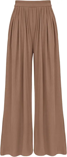 BTFBM Womens Casual Wide Leg Pants Summer Fall Clothes Pleated Elastic Waist Loose Palazzo Knit Trousers with Pockets