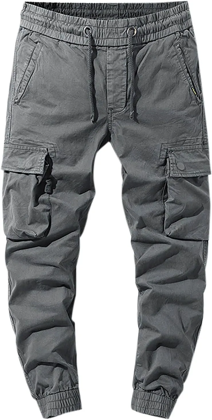 Casual Cargo Pants for Men Drawstring Elastic Waist Athletic Tapered Pants Outdoor Sports Joggers with Multi Pockets