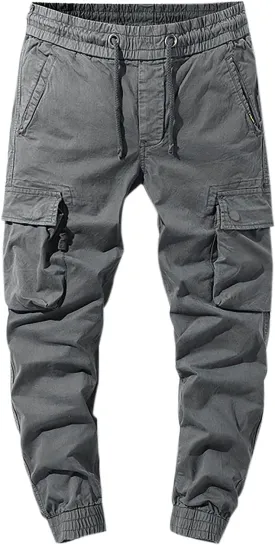Casual Cargo Pants for Men Drawstring Elastic Waist Athletic Tapered Pants Outdoor Sports Joggers with Multi Pockets