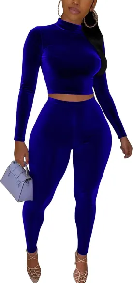 CLOCOR Women's 2 Piece Workout Sets Long Sleeve Track Suits High Neck Velour Leggings Pants Matching Set