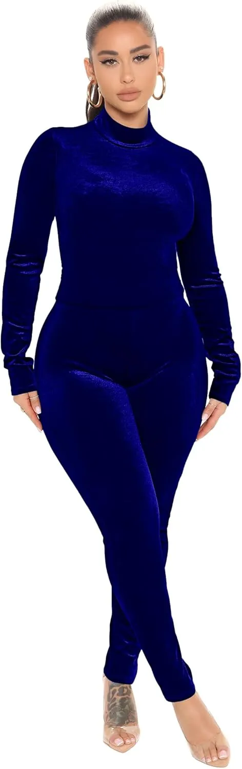 CLOCOR Women's 2 Piece Workout Sets Long Sleeve Track Suits High Neck Velour Leggings Pants Matching Set