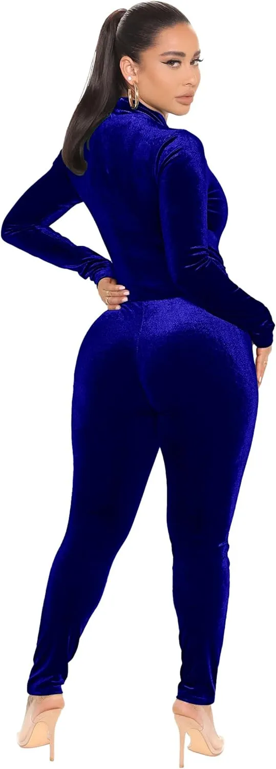 CLOCOR Women's 2 Piece Workout Sets Long Sleeve Track Suits High Neck Velour Leggings Pants Matching Set