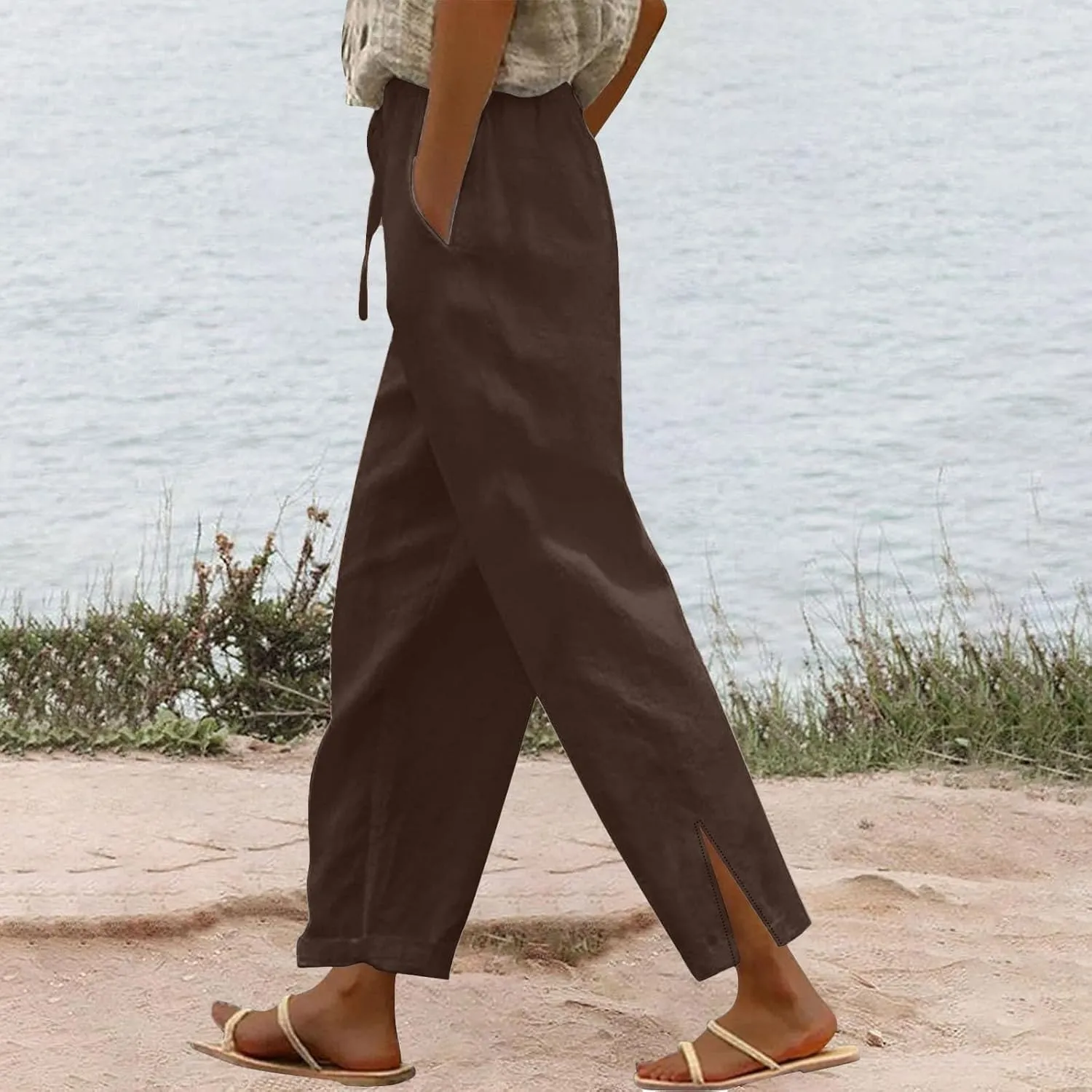 Cotton Linen Pants for Women 2025 Summer Gauze Drawstring High Waisted Wide Leg Trouser Casual Side Split Beach Pant