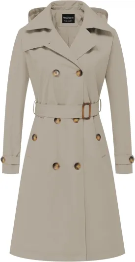 CREATMO US Women's Long Trench Coat Double-Breasted Classic Lapel Overcoat Belted Slim Outerwear Coat with Detachable Hood