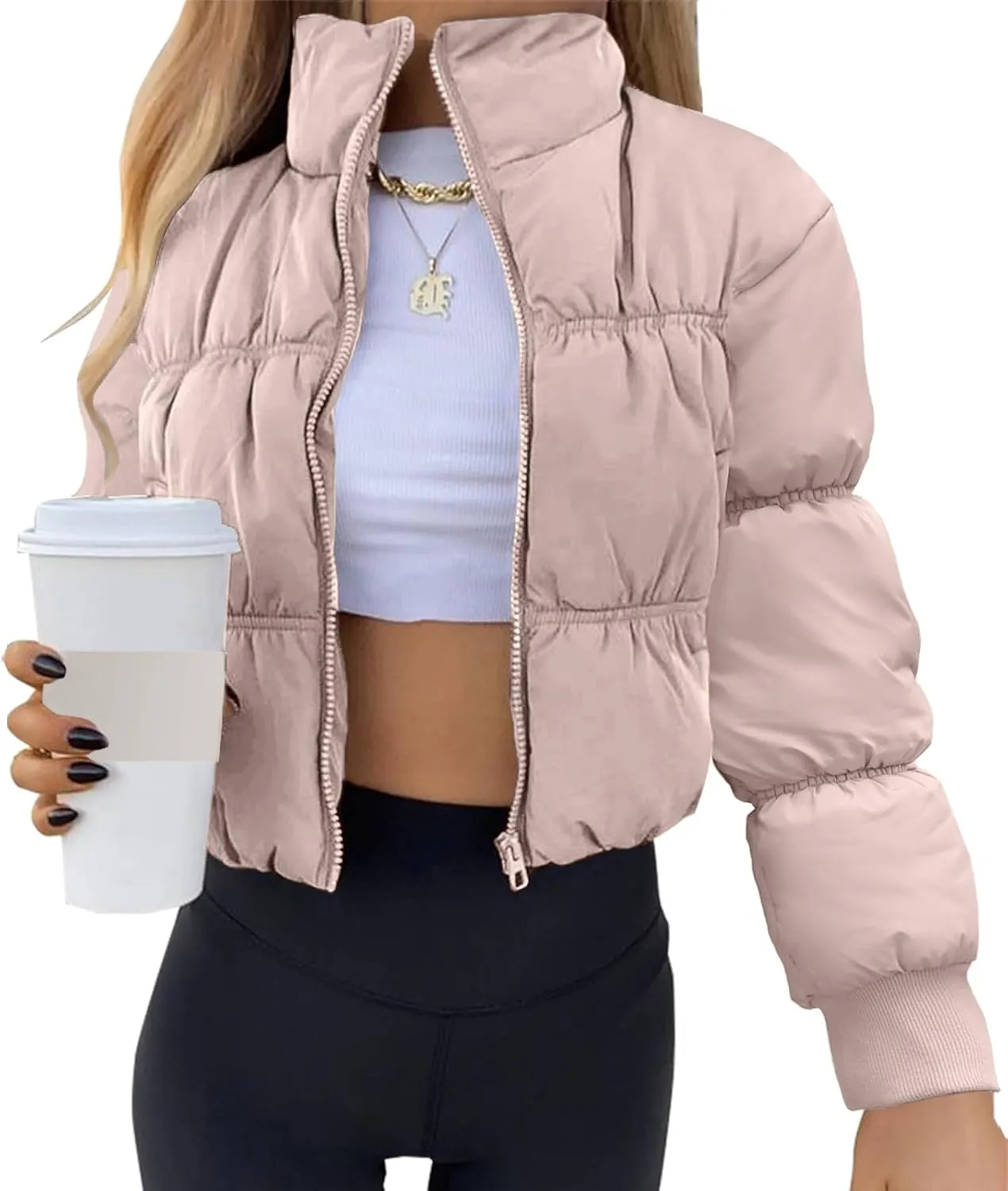 Fisoew Womens Cropped Puffer Jackets Zip Up Long Sleeve Lightweight Padded Coat Winter Warm Outerwear