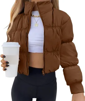 Fisoew Womens Cropped Puffer Jackets Zip Up Long Sleeve Lightweight Padded Coat Winter Warm Outerwear