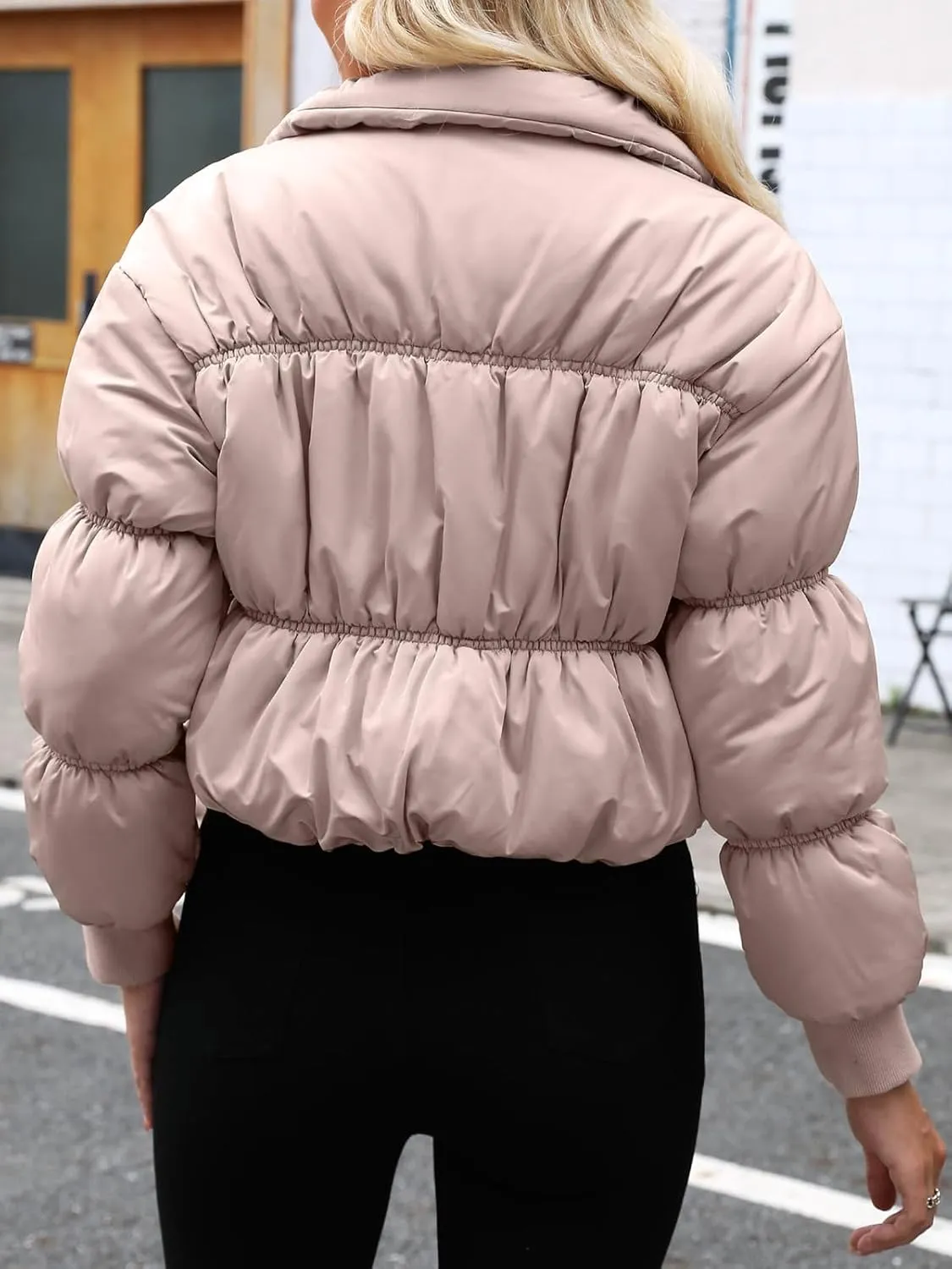 Fisoew Womens Cropped Puffer Jackets Zip Up Long Sleeve Lightweight Padded Coat Winter Warm Outerwear