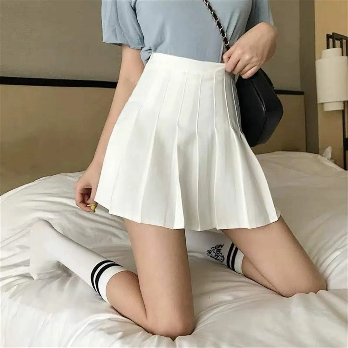 Girls Women High Waisted Pleated Skirt Plain Plaid A-line Mini Skirt Skater Tennis School Uniform Skirts Lining Shorts