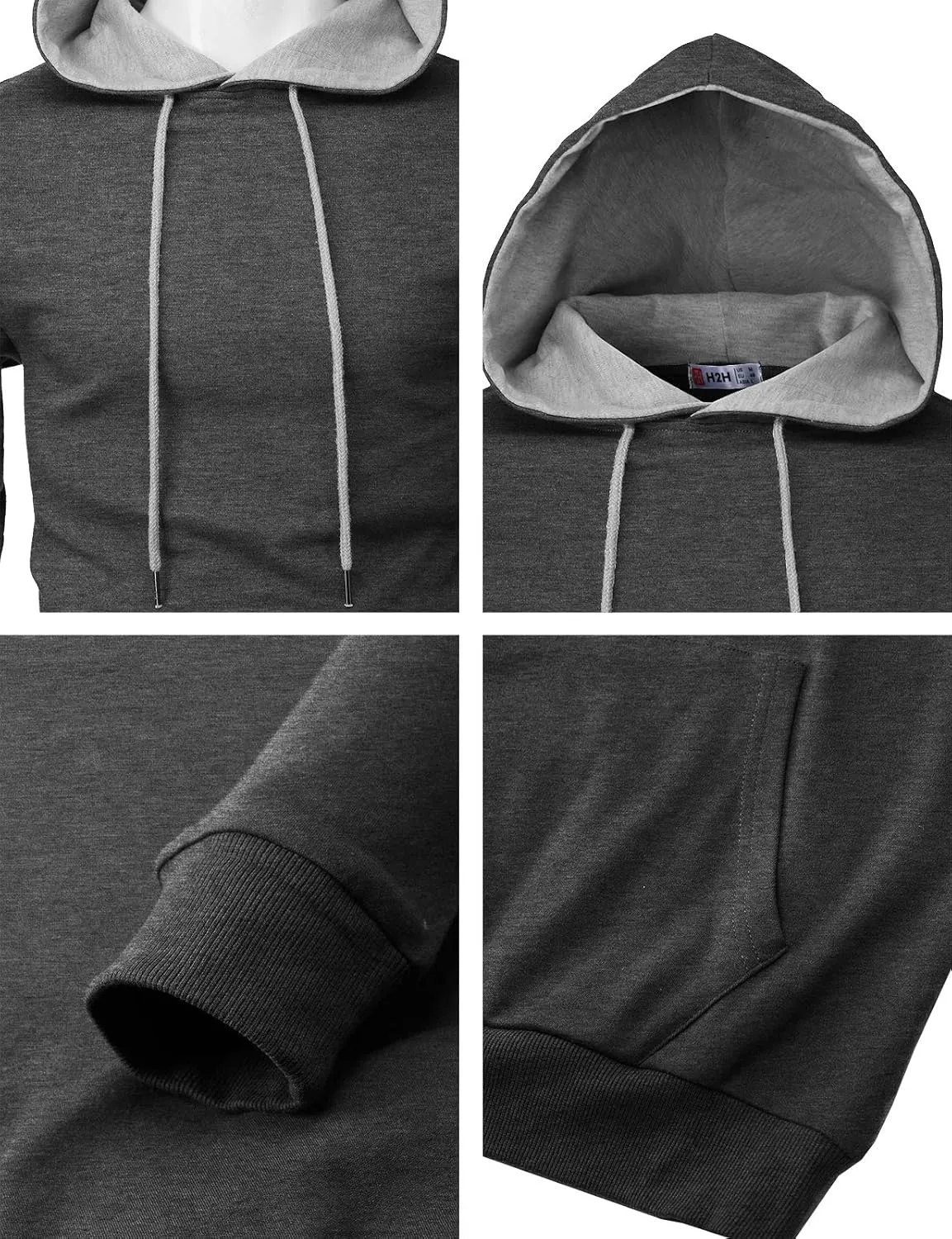 H2H Men's Pullover Hoodie Lightweight Long Sleeve with Kangaroo Pocket Slim Fit Basic Casual Sweatshirt