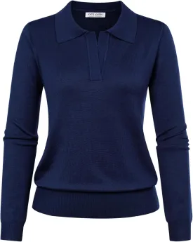 Kate Kasin Women Long Sleeve Polo Sweater V Neck Knitted Tops Casual Ribbed Shirt Loose Pullover Sweater
