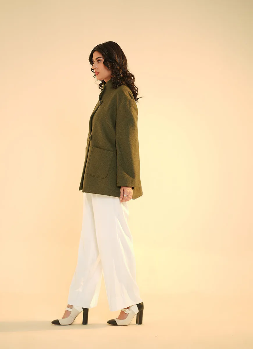 Ladies Jacket  Button Tab Front, High Neck, Deep Green Plain
