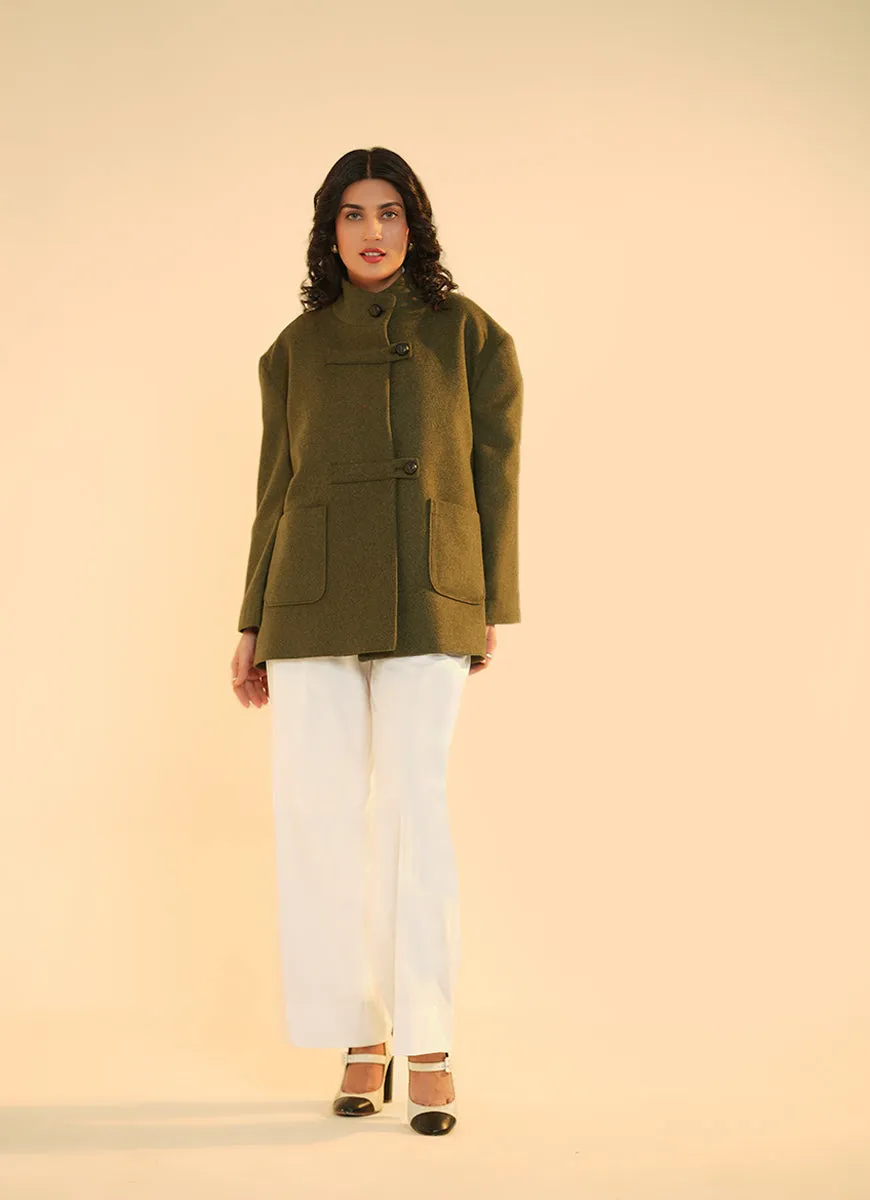 Ladies Jacket  Button Tab Front, High Neck, Deep Green Plain
