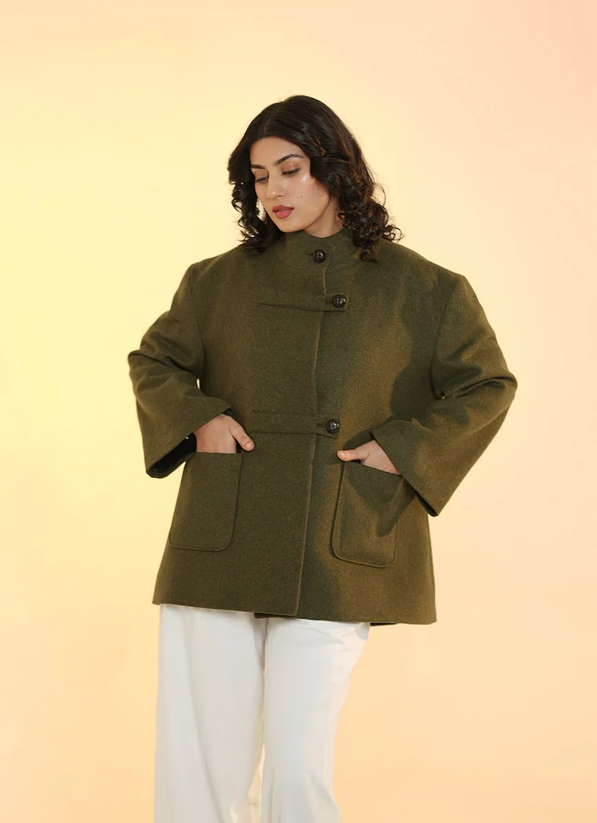 Ladies Jacket  Button Tab Front, High Neck, Deep Green Plain