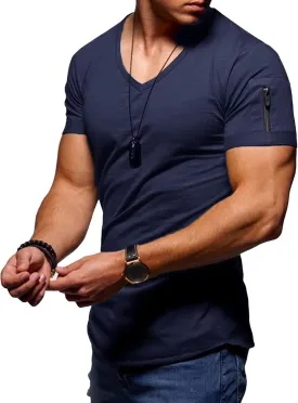 Maiyifu-GJ Men's V Neck Muscle Workout Athletic T-Shirt Bodybuilding Fashion Short Sleeve Slim Fit Zipper Tee Top