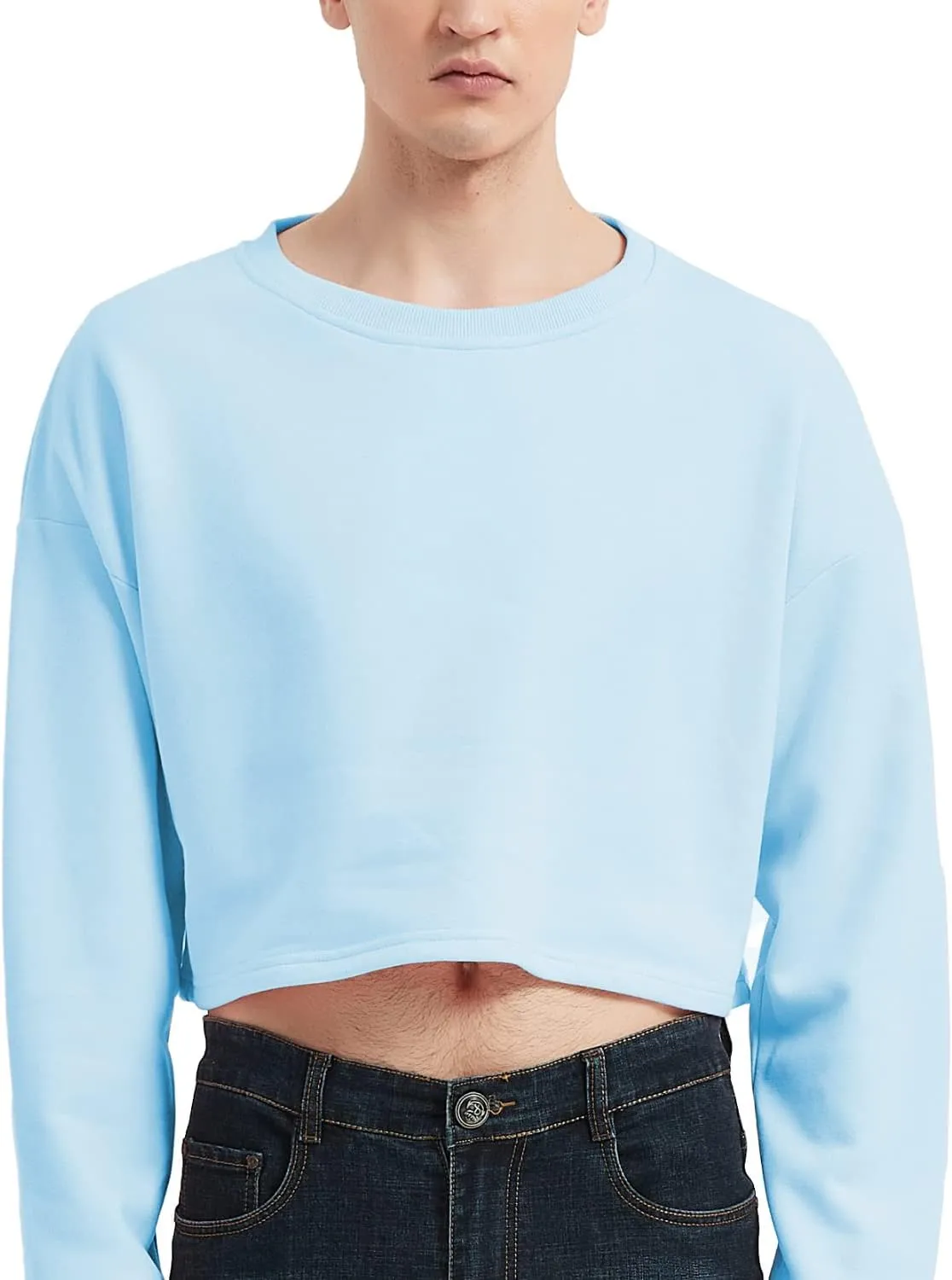 Men's Cropped Cut-Off Hoodie Solid Color Long Sleeves Drawstring Casual Sweatshirts Crop Tops