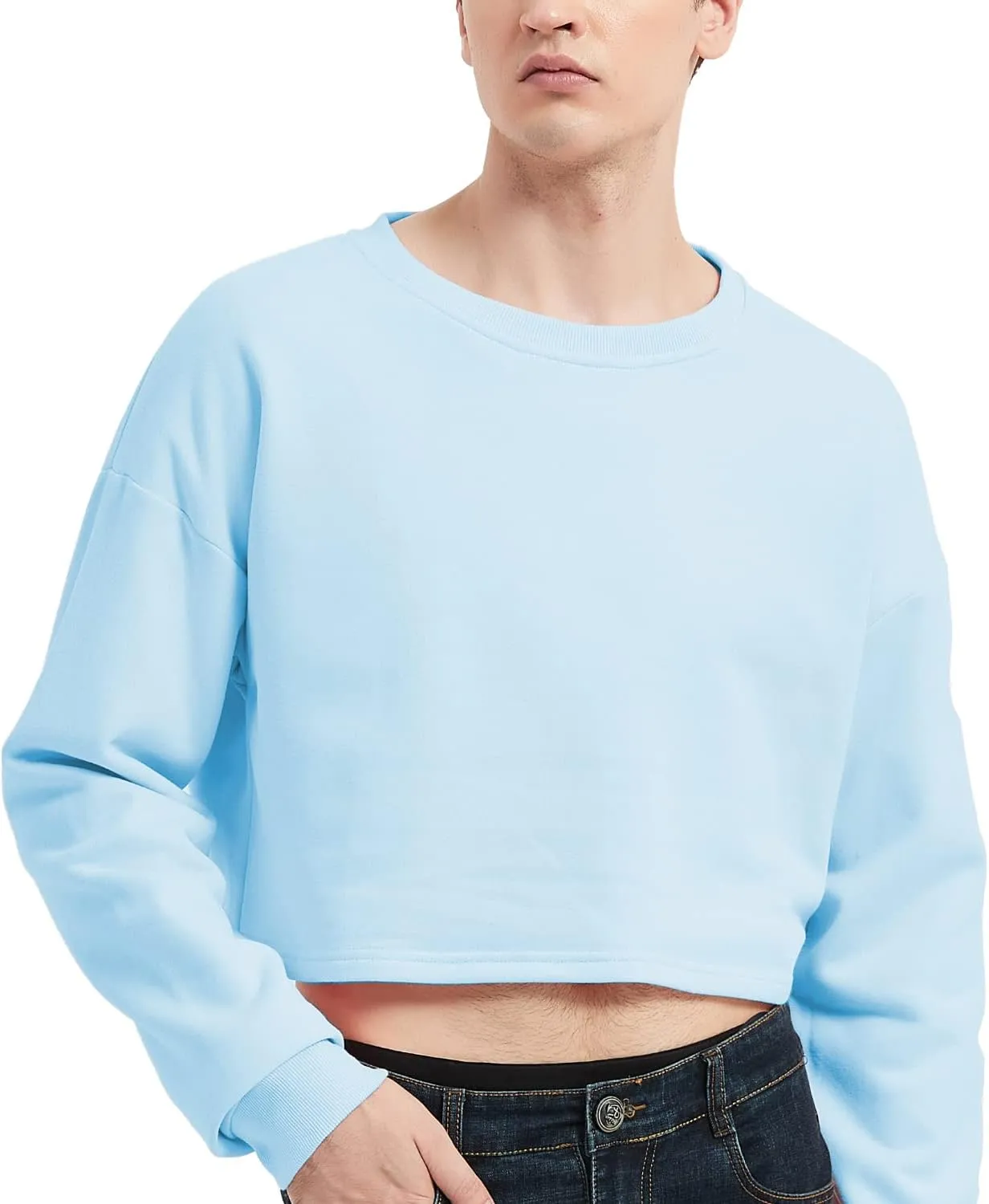 Men's Cropped Cut-Off Hoodie Solid Color Long Sleeves Drawstring Casual Sweatshirts Crop Tops