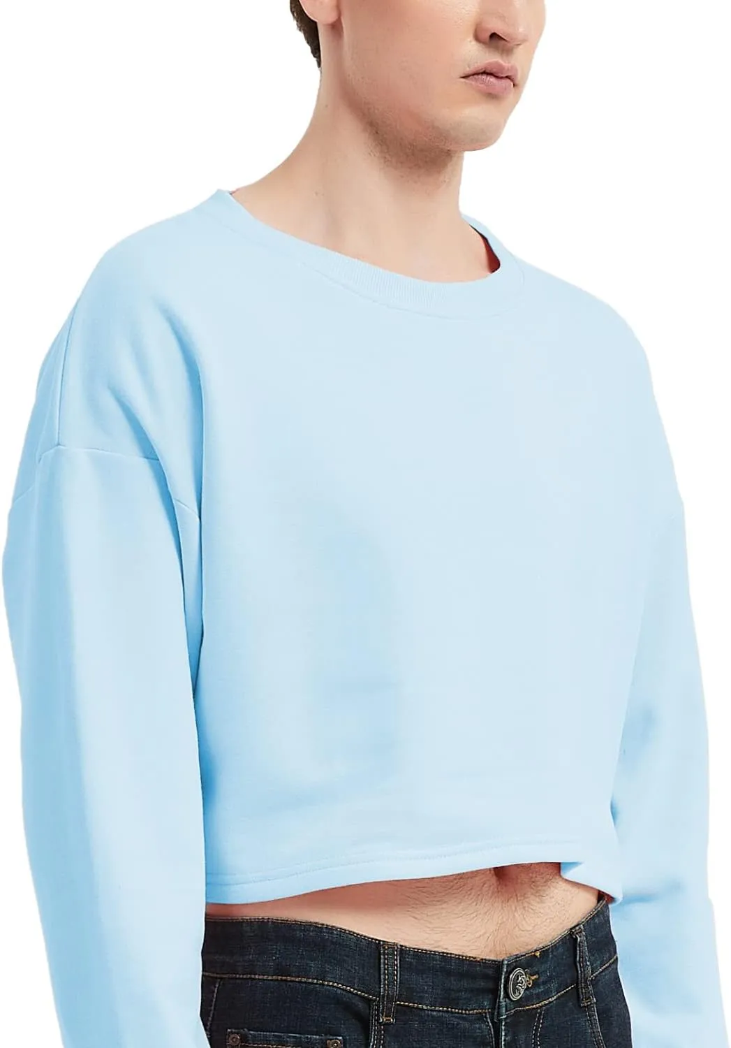 Men's Cropped Cut-Off Hoodie Solid Color Long Sleeves Drawstring Casual Sweatshirts Crop Tops