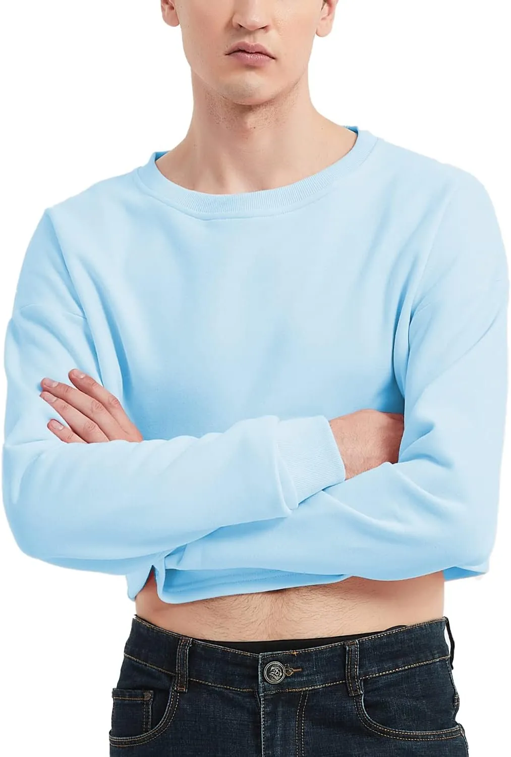 Men's Cropped Cut-Off Hoodie Solid Color Long Sleeves Drawstring Casual Sweatshirts Crop Tops
