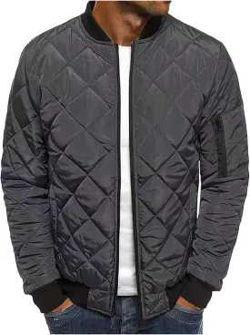 Men's Diamond Quilted Flight Bomber Jacket Lightweight Packable Warm Winter Padded Coat Varsity Multi-Purpose Outerwear