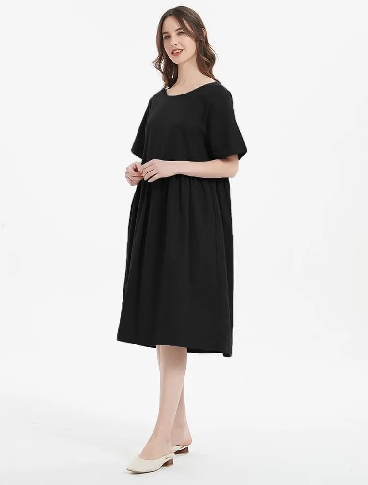 Minibee Women's Linen Tunic Summer Dress Casual Midi Dresses with Pockets