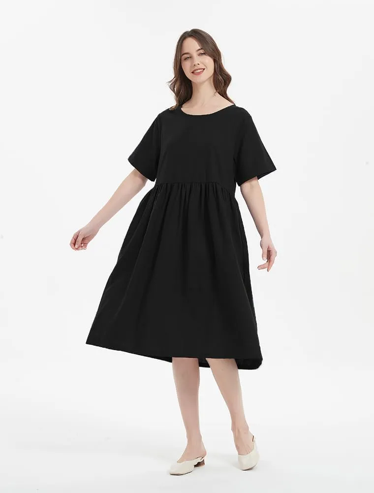 Minibee Women's Linen Tunic Summer Dress Casual Midi Dresses with Pockets