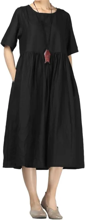Minibee Women's Linen Tunic Summer Dress Casual Midi Dresses with Pockets Minibee Women's Linen Tunic Summer Dress Casual Midi Dresses with Pockets