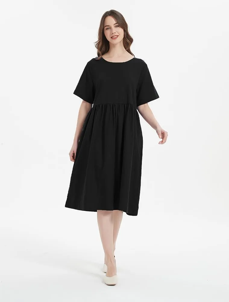 Minibee Women's Linen Tunic Summer Dress Casual Midi Dresses with Pockets