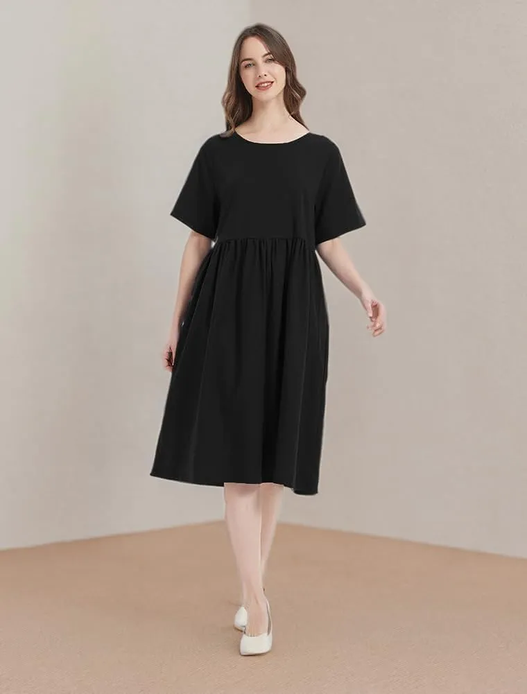 Minibee Women's Linen Tunic Summer Dress Casual Midi Dresses with Pockets