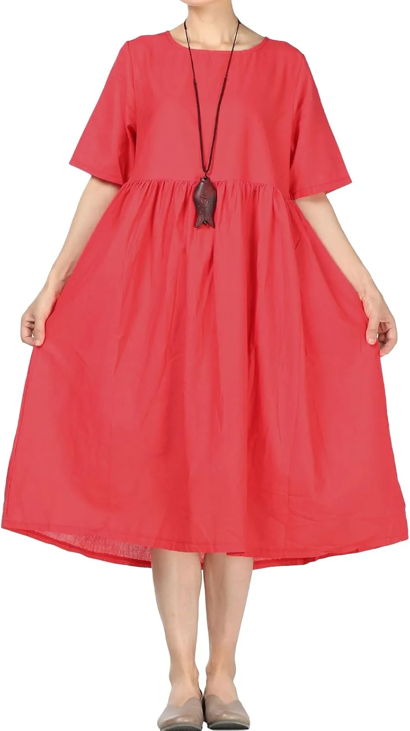 Minibee Women's Linen Tunic Summer Dress Casual Midi Dresses with Pockets