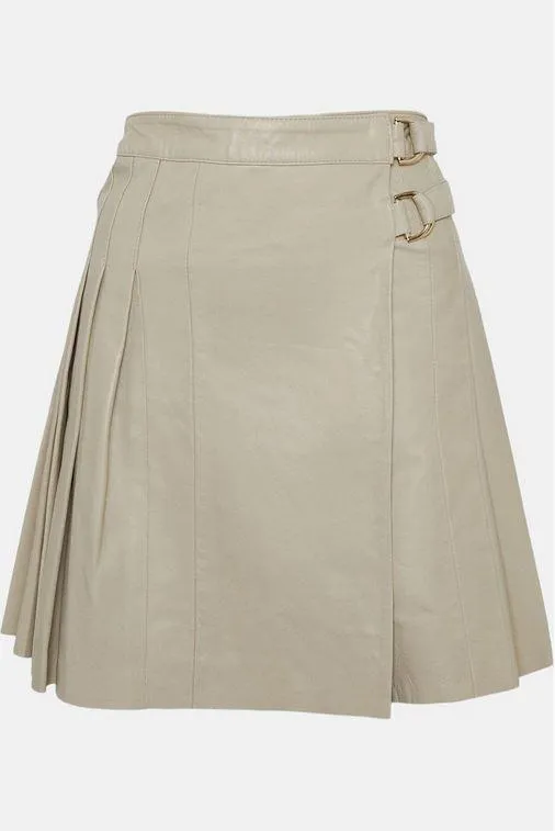 Off White Buckle Leather Kilt Skirt For Women