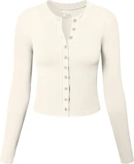 OQQ Womens Long Sleeve Shirts Crew Neck Button Knit Stretch Casual Basic Tops Fitted Tee Shirts