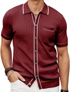 PJ PAUL JONES Mens Knit Shirts Vintage Retro Short Sleeve Button Down Vacation Polo Shirts
