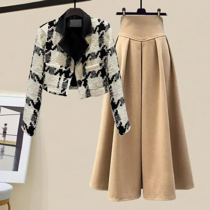 Plaid Print Short Blazer Pure Color Skirt